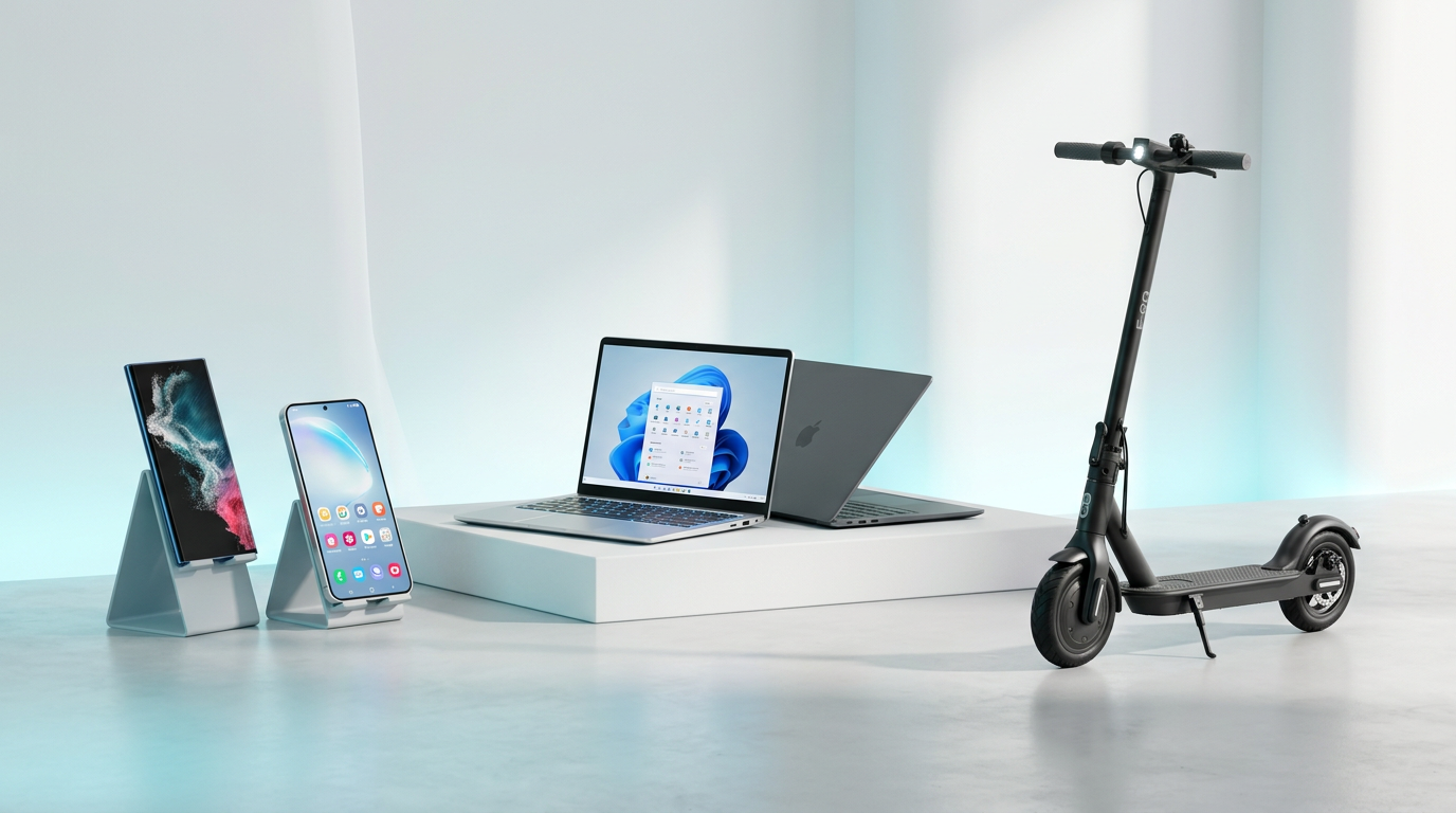 Modern smartphones, laptops, and electric scooters